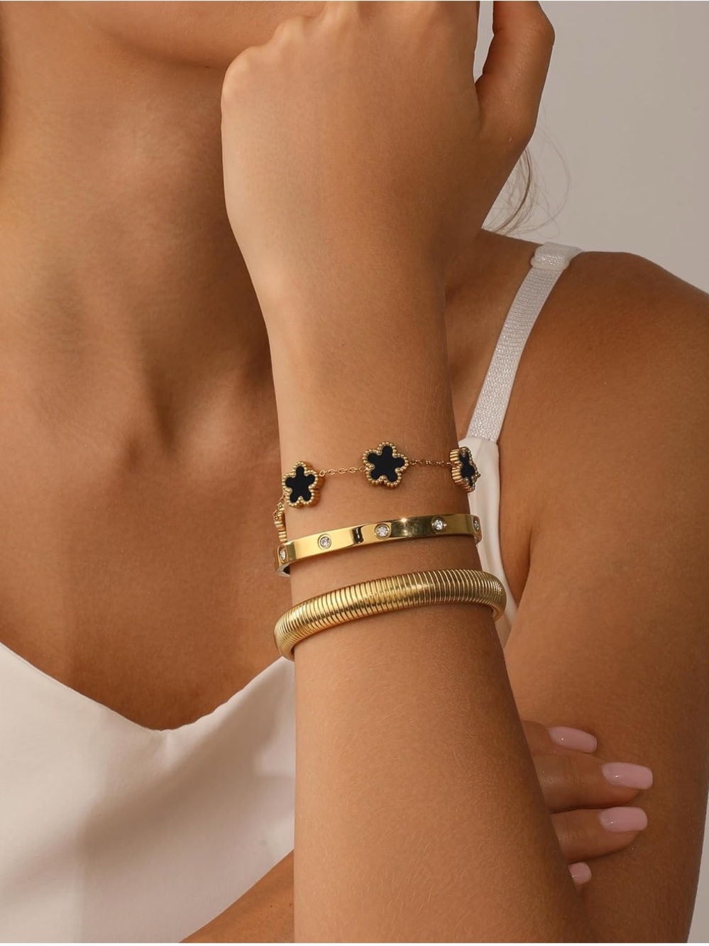 Gold Bracelet Stack with Black Clover Charm